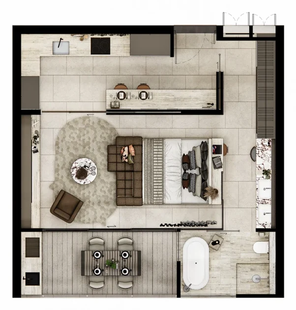 Layout: 1 bedroom · 61 m²