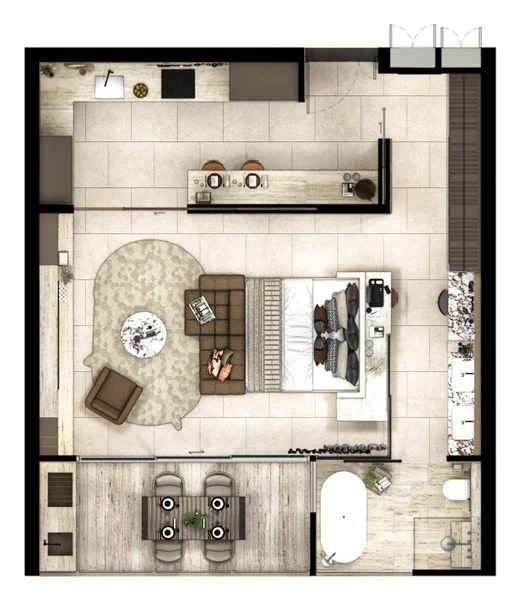 Layout: 1 bedroom · 69 m²
