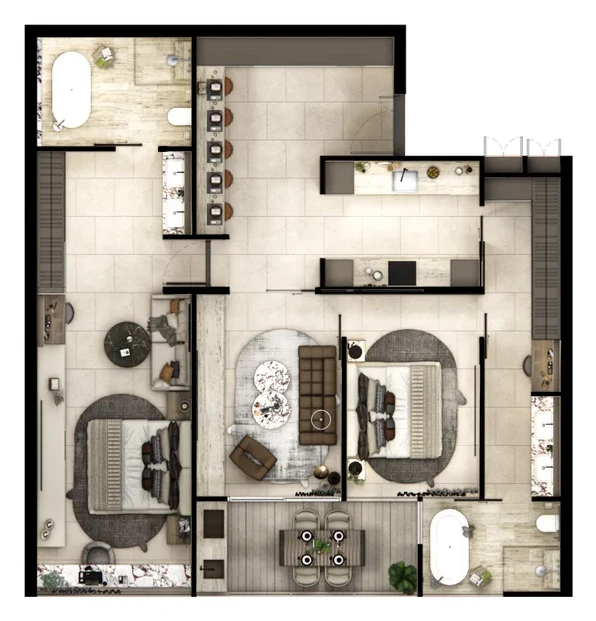 Планировка: 2 спальни · 119 м²