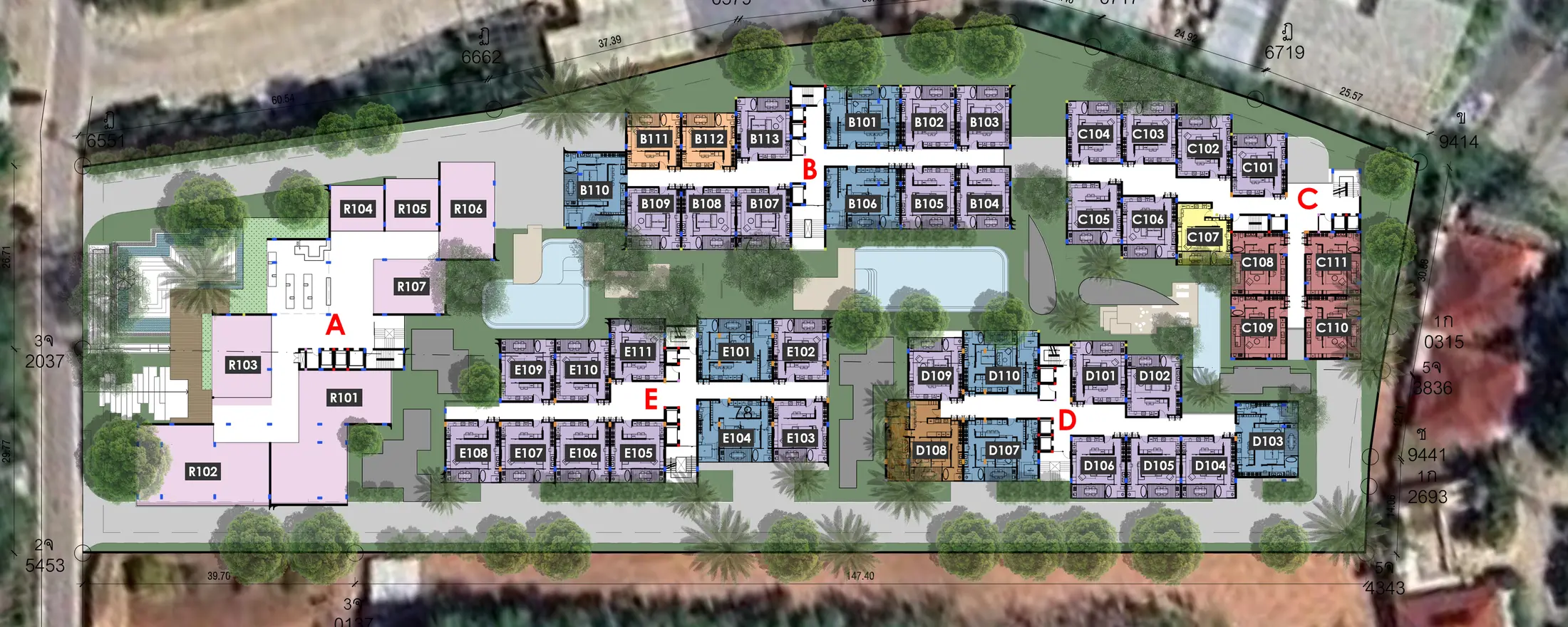 Plan of floor 1, buildings A–E