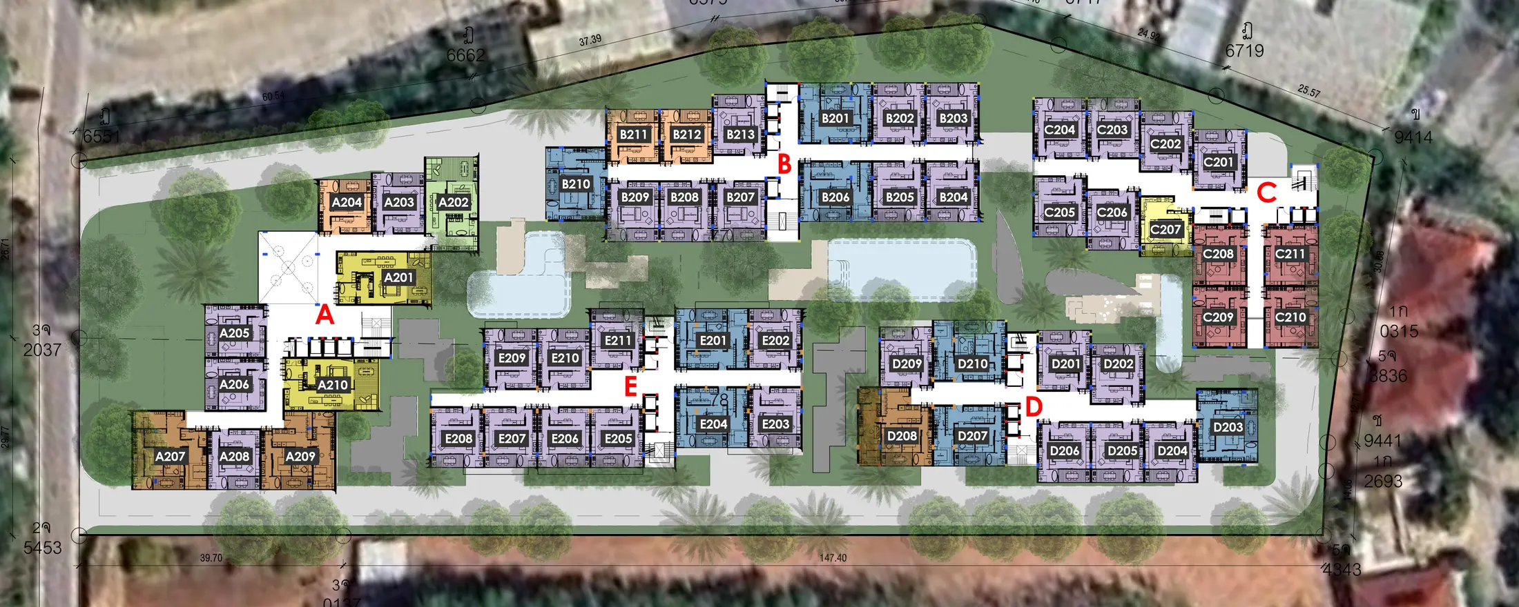 Plan of floor 2, buildings A–E