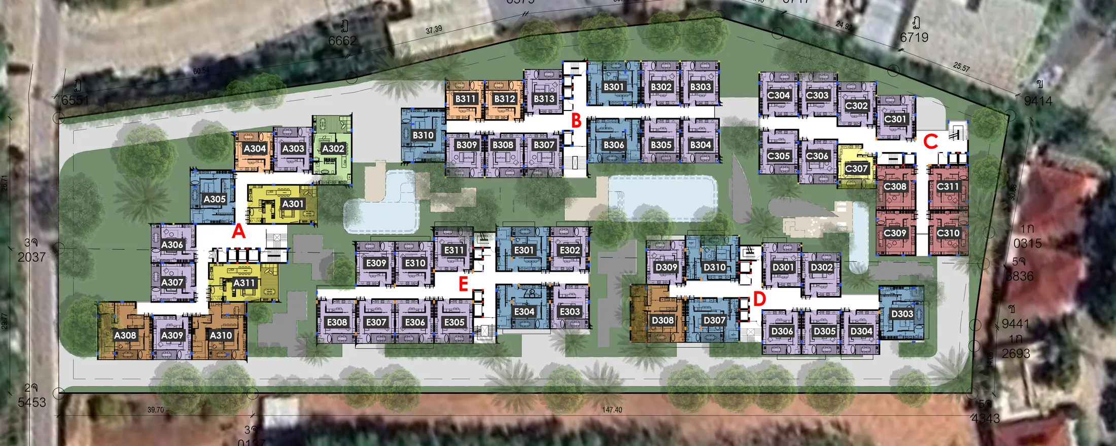 Plan of floor 3, buildings A–E