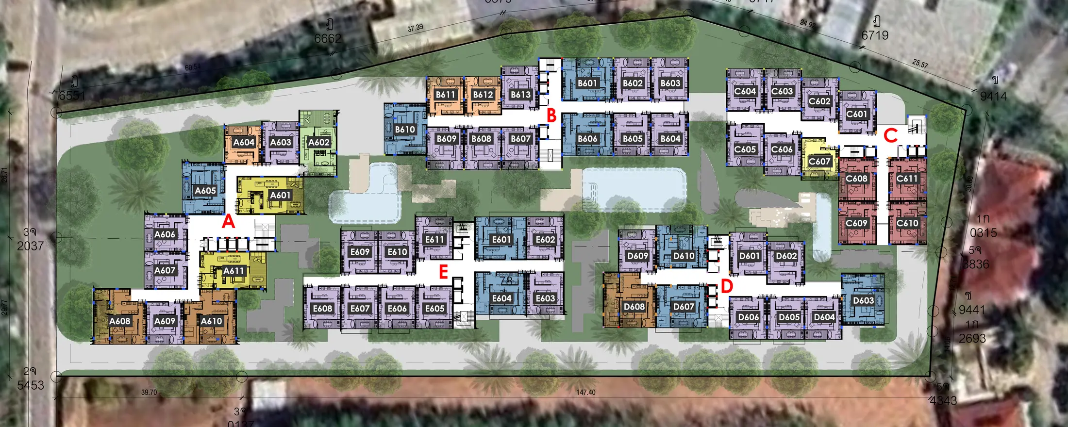 Plan of floor 6, buildings A–E
