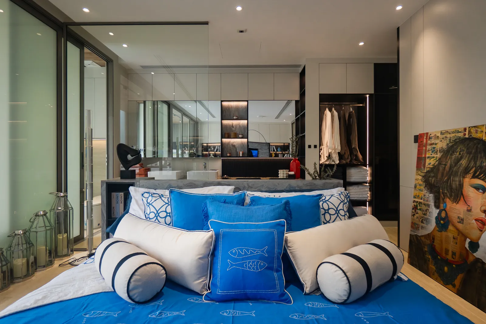 Bedroom in the signature blue palette