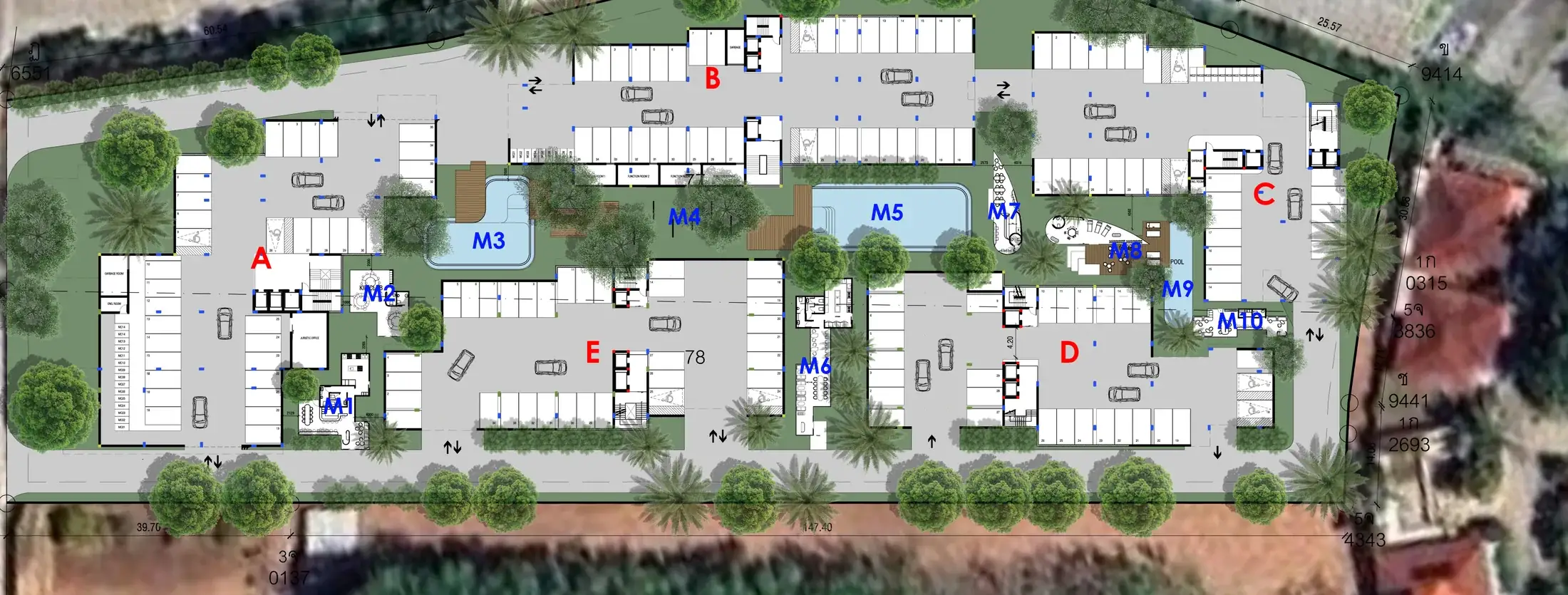 Masterplan of The Liberty: five buildings, pools and courtyard